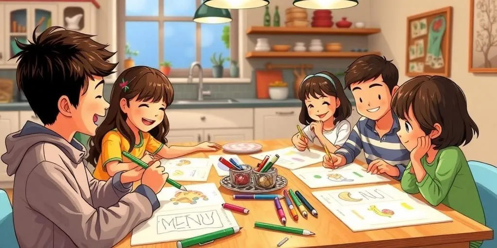 kids creating restaurant menu at home