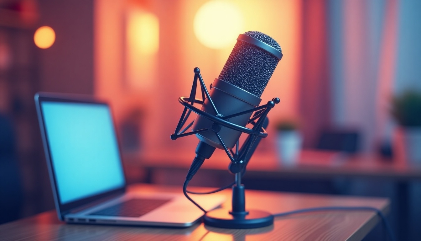 image of a podcaster recording in a studio